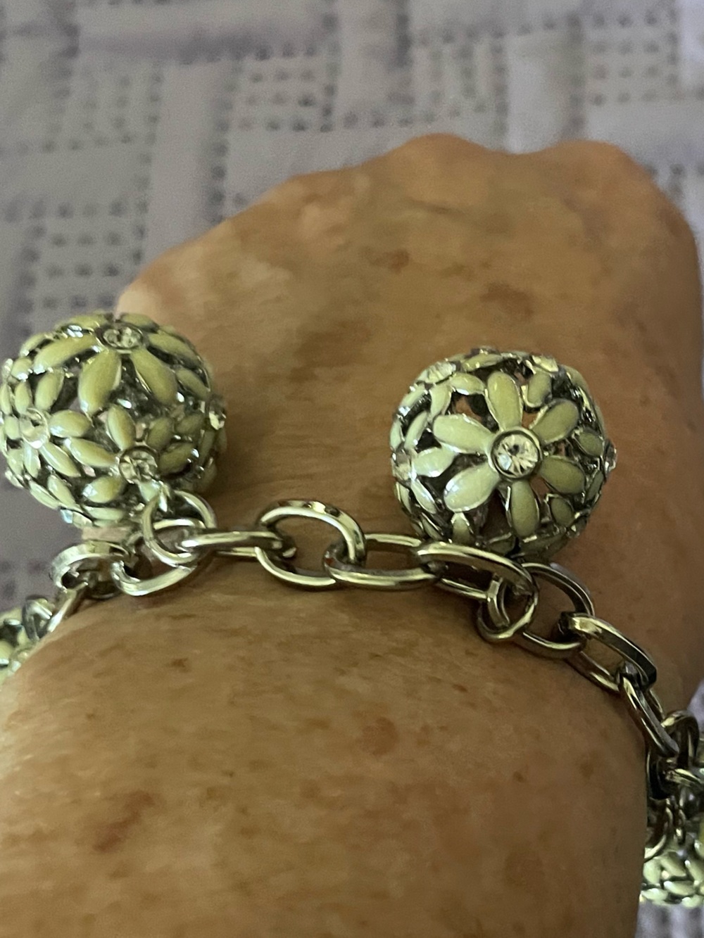 Silver tone Floral Charm Bracelet w/ Cream Enamel Accents + Crystals Ann Taylor